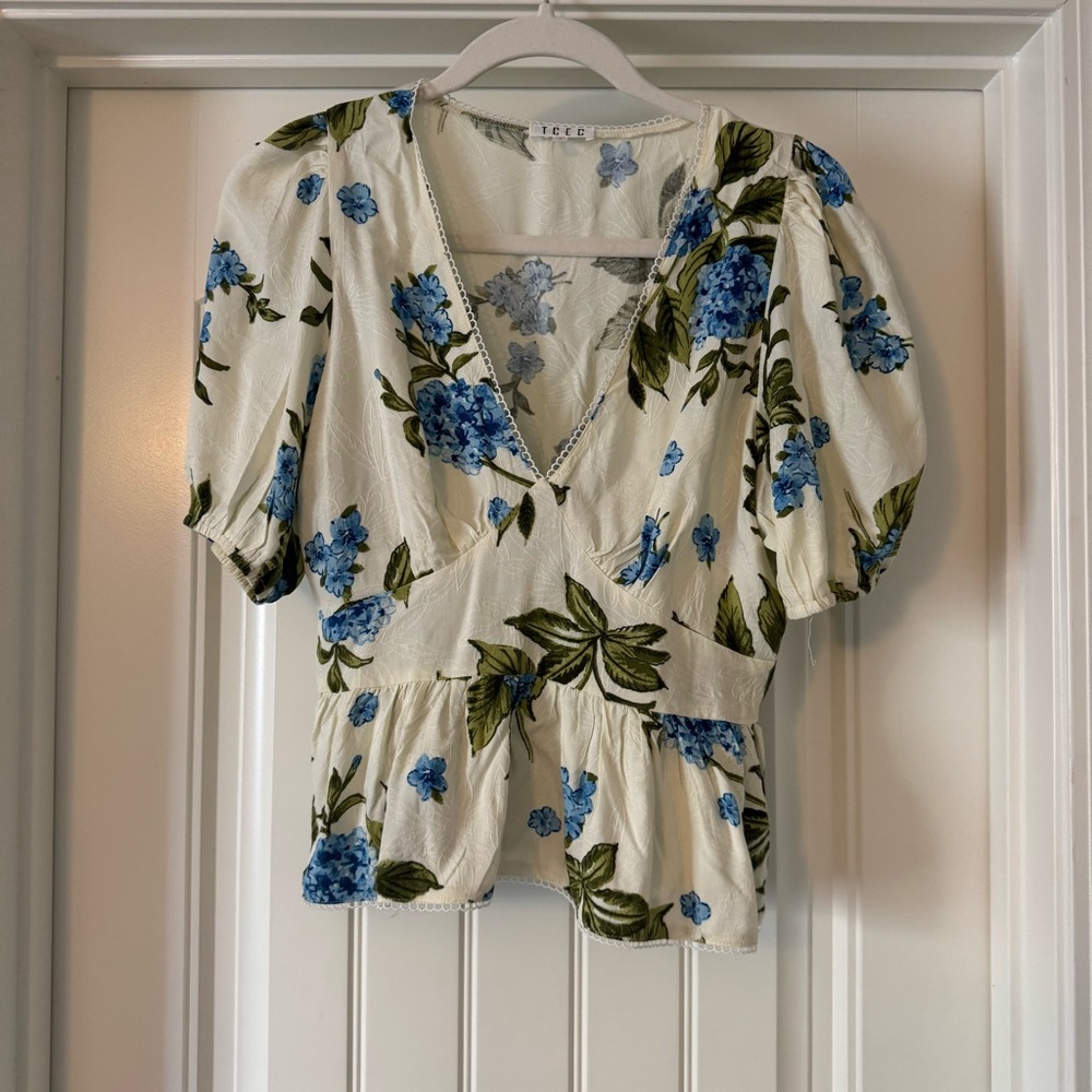 TCEC Blue Floral Puff Sleeve Blouse - size small